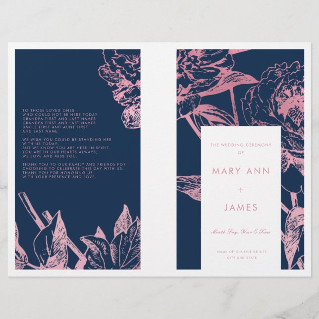 Programme de mariage floral bleu de la Marine rose (Devant)