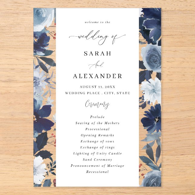 Programme de mariage floral bleu et marine en acry (Recto)