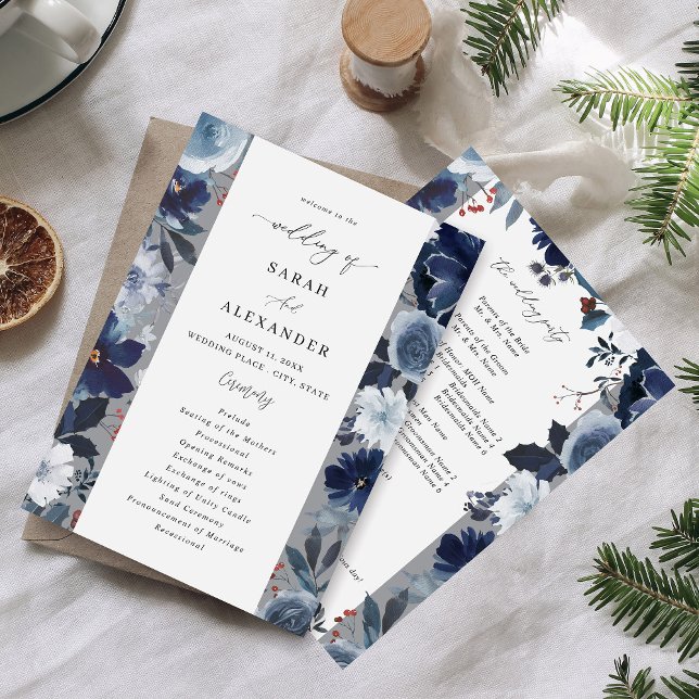 Programme de mariage floral bleu et marine - Gris (Créateur téléchargé)