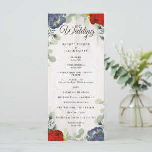 Programme de mariage floral bleu rouge rustique