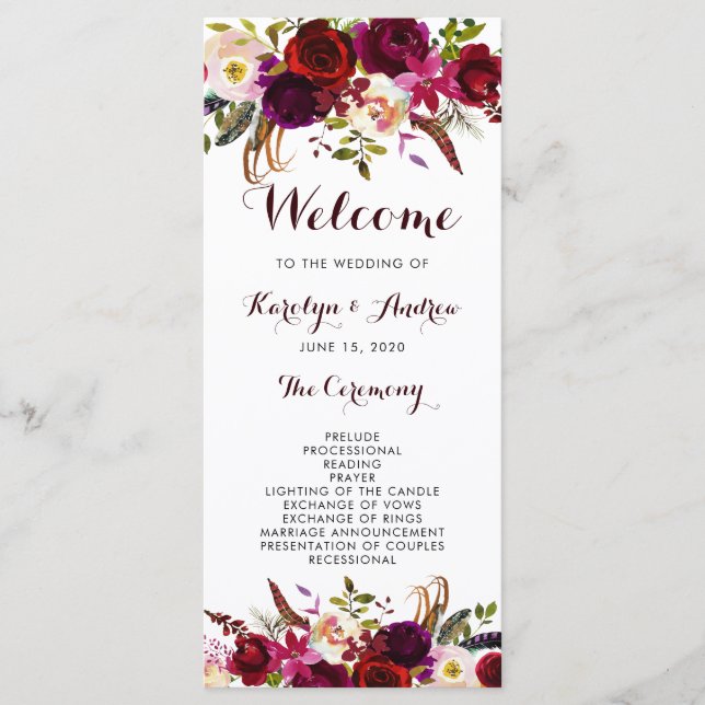 Programme de mariage floral bohème burgundy marsal (Devant)