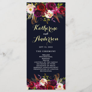 Programme de mariage floral boho Burgundy Navy Mar
