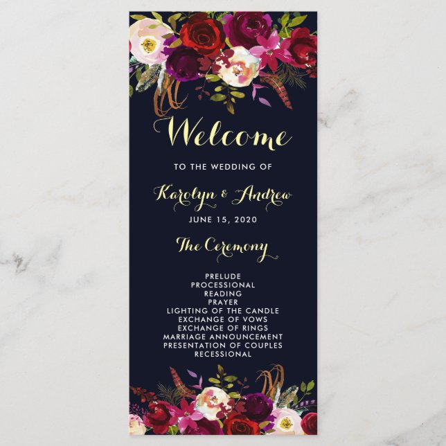 Programme de mariage floral boho Marsala Bourgogne (Devant)