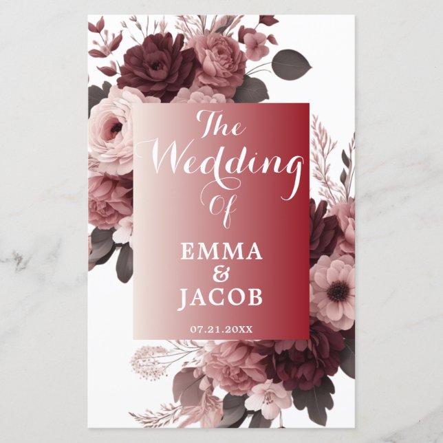 Programme de mariage floral bordeaux rose pâle élé (Devant)