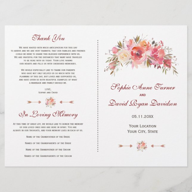 Programme de mariage floral Bourguignon Marsala à  (Devant)