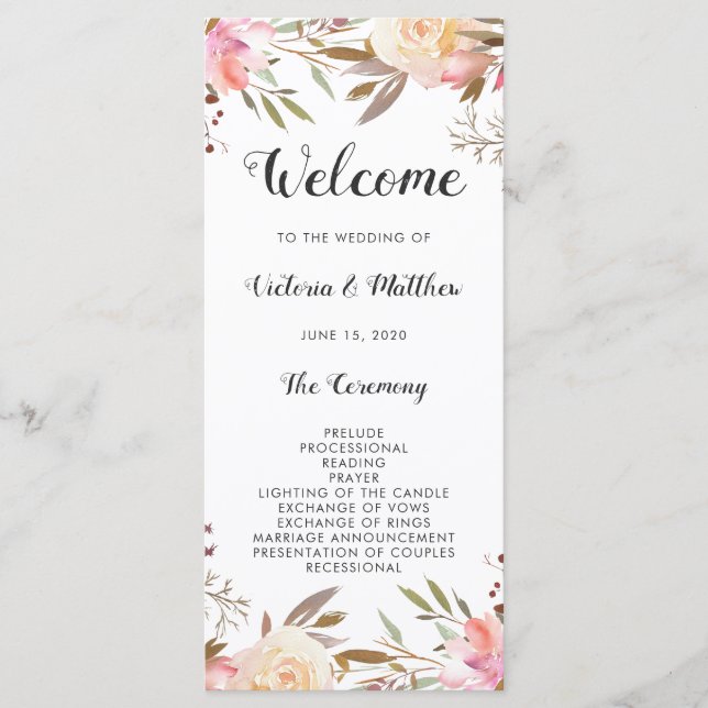 Programme de mariage floral coup de cœur rose (Devant)