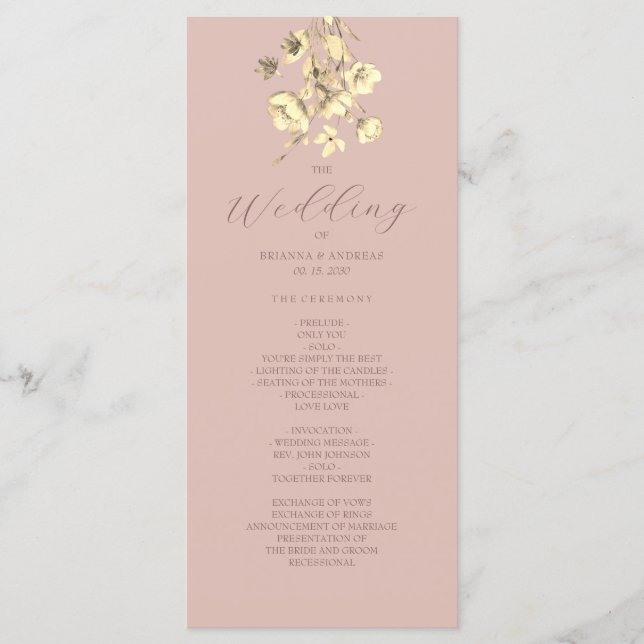Programme de mariage floral en rose doré (Devant)