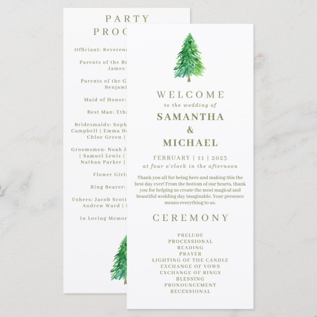 Programme de mariage floral fleuri d'arbre de forê (Devant / Derrière)
