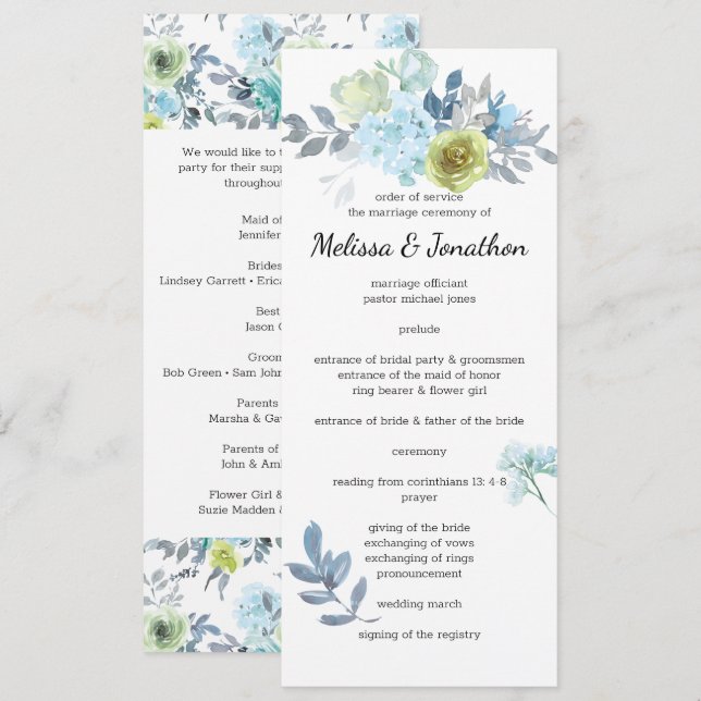 Programme de mariage floral jaune bleu clair vert (Devant / Derrière)