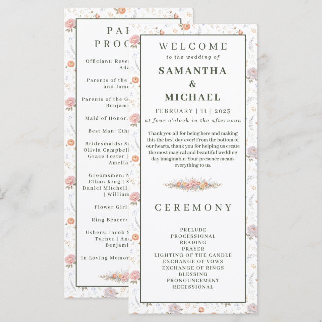 Programme de mariage floral minuscule Fleurs paste (Devant / Derrière)