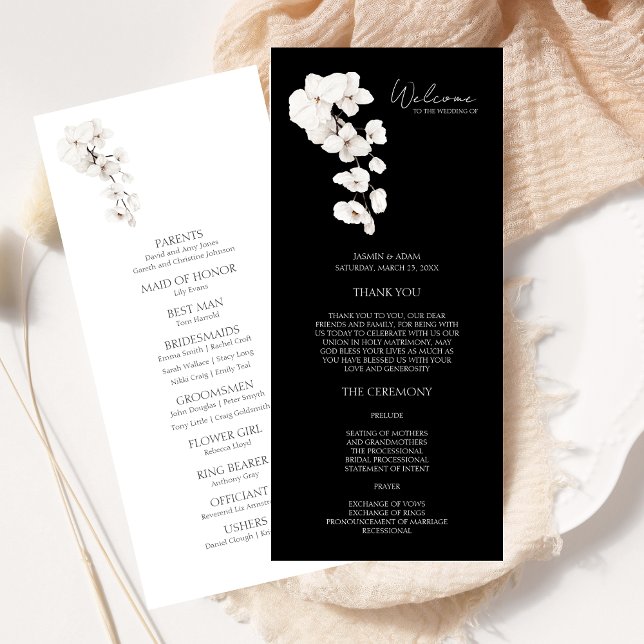 Programme de mariage floral moderne orchidée noir  (Modern Black and White Orchids Flowers Wedding Program )