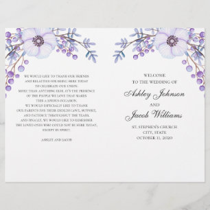 Programme de mariage floral plié. Fleurs violettes