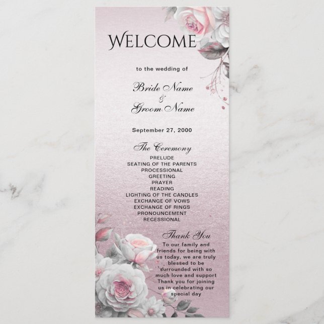 Programme de mariage floral rose blanc (Devant)