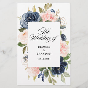 Programme de mariage floral rose bleu bleu Dusty