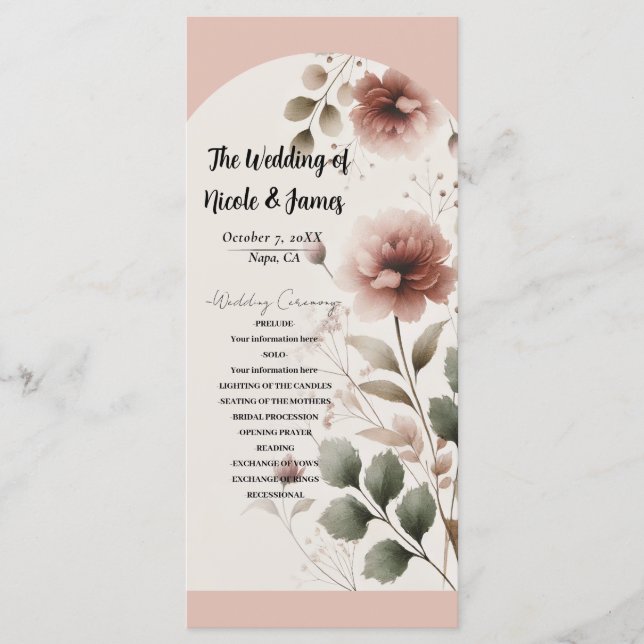 Programme de mariage floral rose de la rose du dés (Devant)