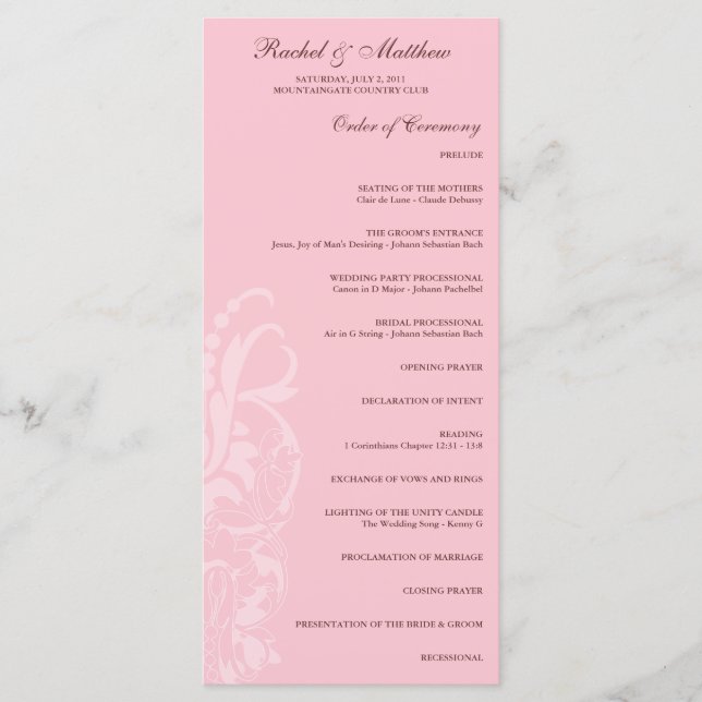 Programme de mariage floral rose doux (Devant)