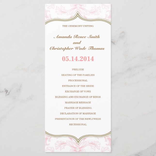 Programme de mariage floral rose et or (Devant)