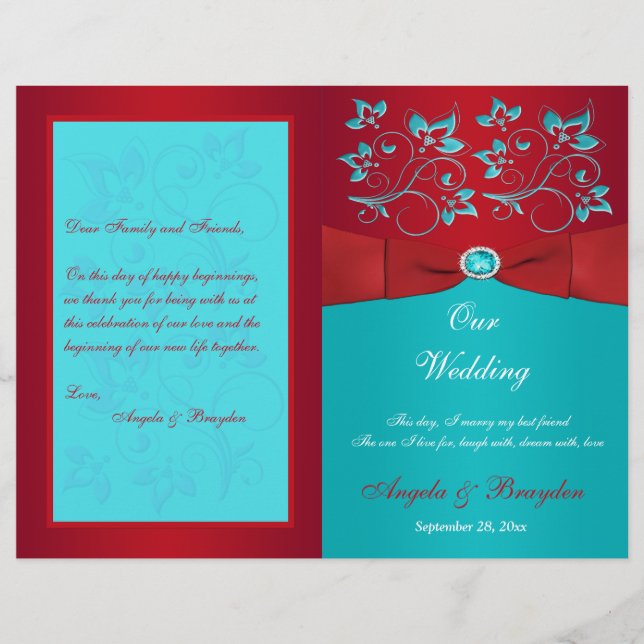 Programme de mariage floral rouge, turquoise (Devant)