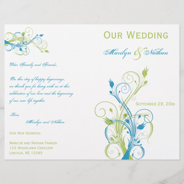 Programme de mariage floral turquoise, verte et bl (Devant)
