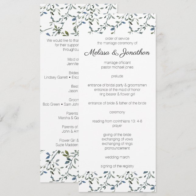 Programme de mariage floral vert argenté sage (Devant / Derrière)