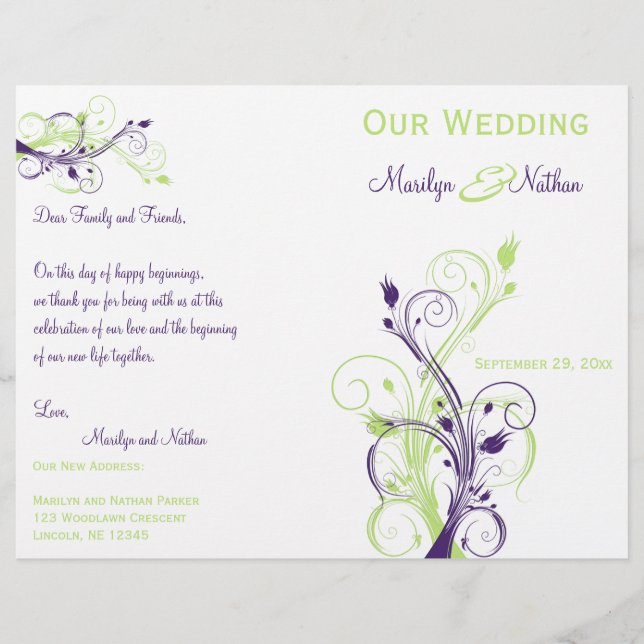 Programme de mariage floral violet, vert et blanc (Devant)