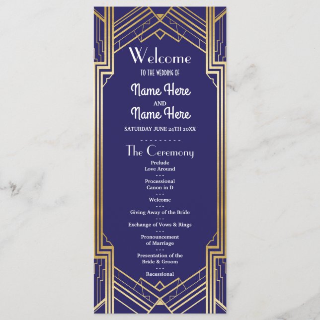 Programme de mariage Gatsby Navy & Gold Art Déco d (Devant)