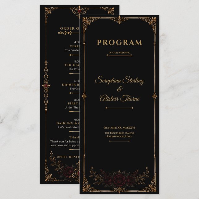 Programme de mariage gothique élégant et sombre (Devant / Derrière)