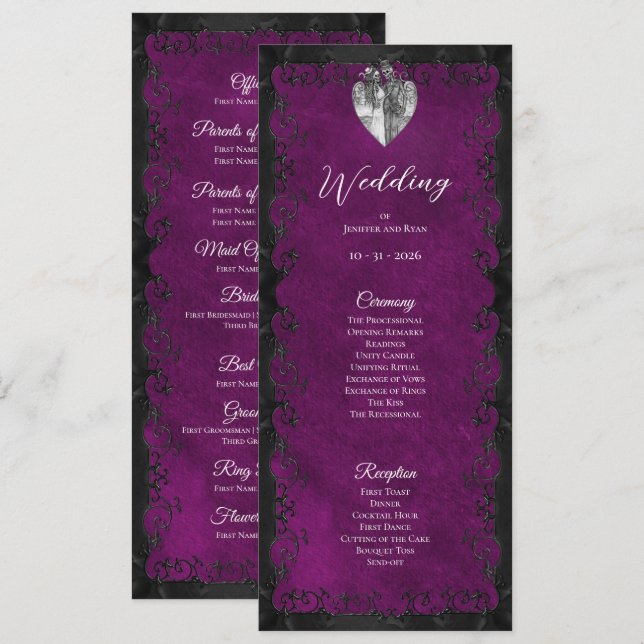 Programme de mariage gothique violet élégant (Devant / Derrière)