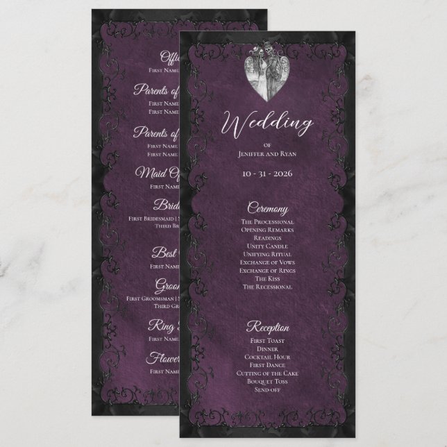 Programme de mariage gothique violet élégant (Devant / Derrière)