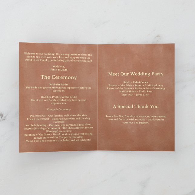 Programme de mariage juif bohème rustique (Intérieur)