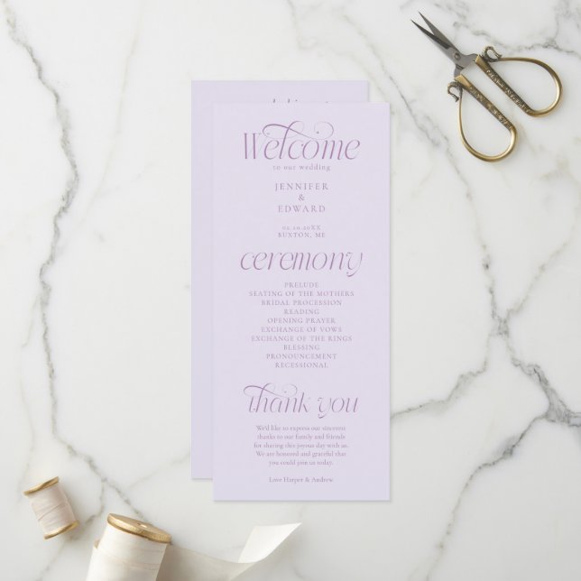 Programme de mariage Lilac à typographie moderne (Devant/Arrière en situation)