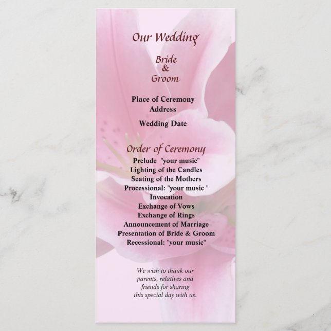 Programme de mariage Lys au bras enlacés (Devant)