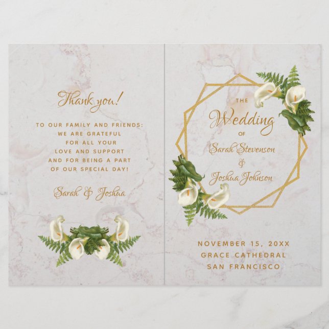 Programme de mariage Marbre blanc et or Lys calla (Devant)