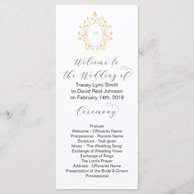 Programme de mariage minimal avec monogramme doré  (Devant)