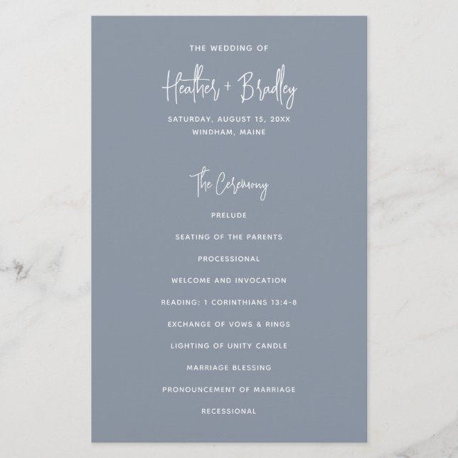 Programme de mariage minimaliste bleu poussiéreux  (Devant)