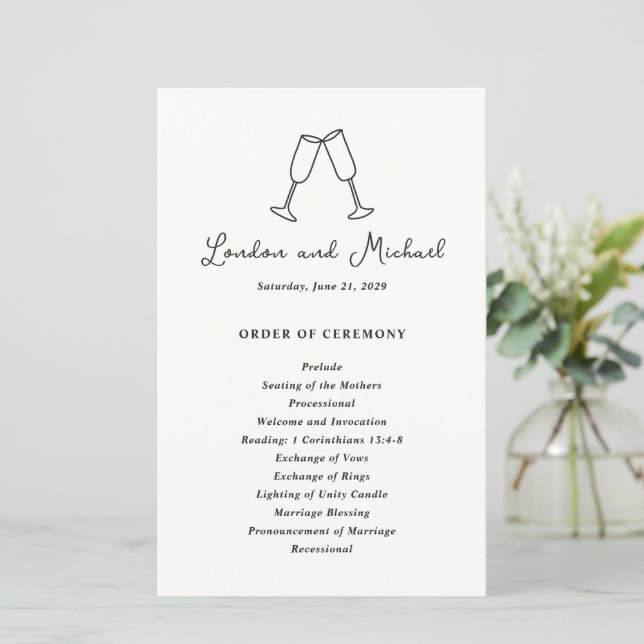 Programme de mariage moderne avec flûtes dessinées (Debout devant)