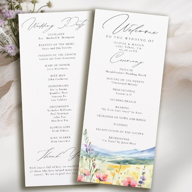Programme de mariage moderne de prairie de fleurs  (mountain wedding program wildflowers meadow floral watercolor modern calligraphy)