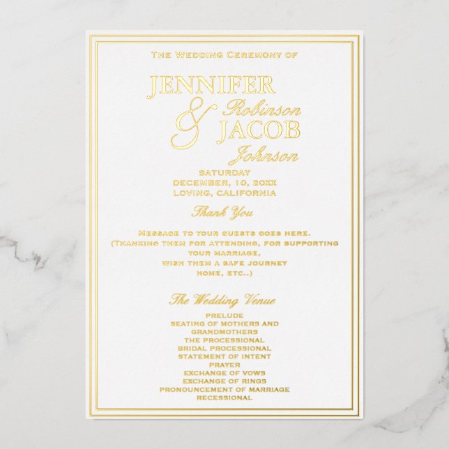 Programme de mariage moderne en feuille d'or (Recto)