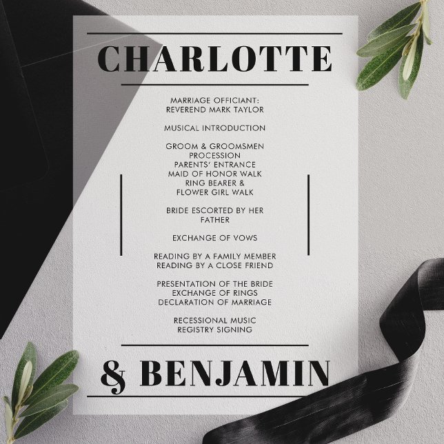 Programme de mariage moderne gras noir sur carte v (Créateur téléchargé)