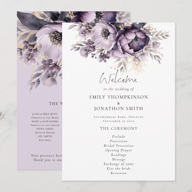 Programme de mariage moderne Lilac Purple Florals (Devant / Derrière)