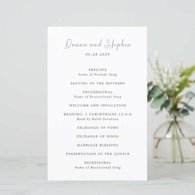 Programme de mariage moderne noir et blanc épuré (Debout devant)