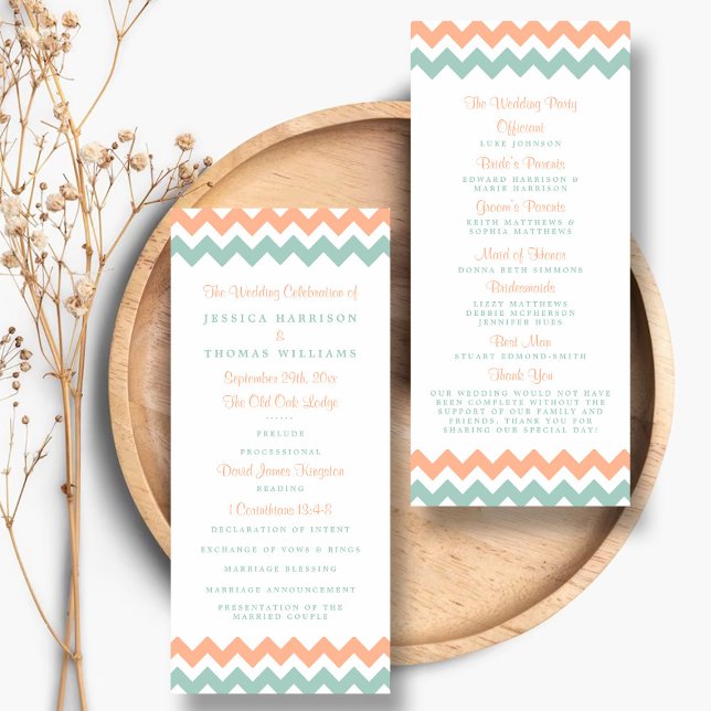 Programme de mariage moderne Peach & Mint Chevron (Créateur téléchargé)