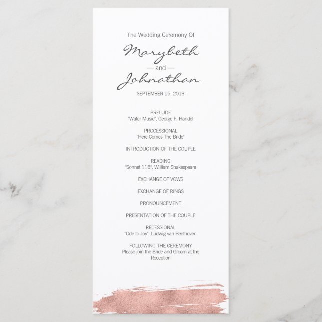 Programme de mariage moderne Rose Gold Brushstroke (Devant)