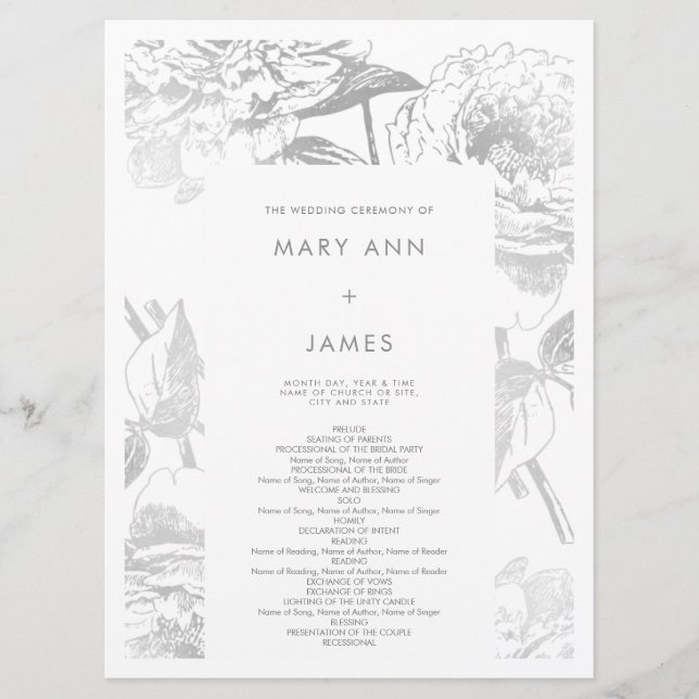 Programme de mariage Moderne Simple Floral Argent (Devant)