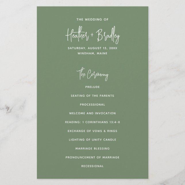 Programme de mariage moderne vert sauge minimalist (Devant)