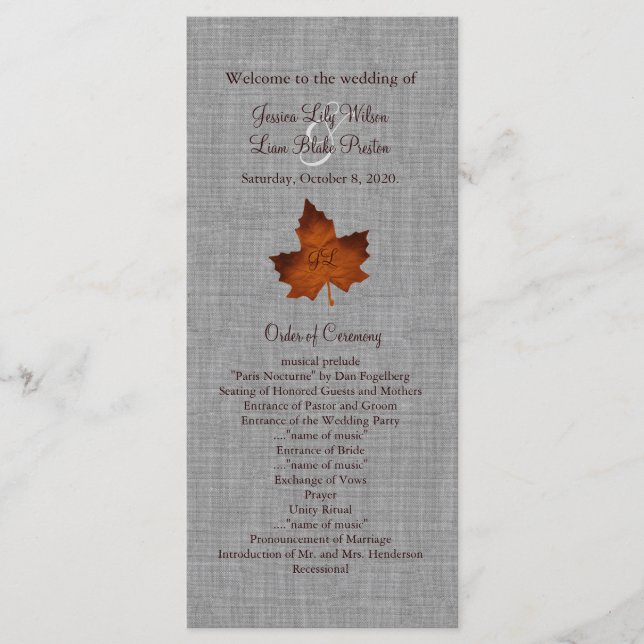 Programme de mariage monogramme de lin orange (Devant)