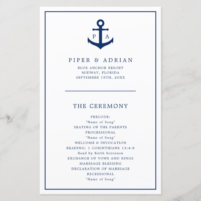 Programme de mariage nautique à monogramme d'ancre (Devant)
