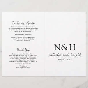 Programme de mariage noir et blanc à monogramme gr