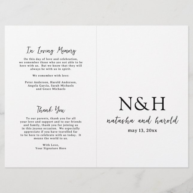 Programme de mariage noir et blanc à monogramme gr (Devant)
