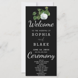Programme de mariage noir rustique avec feuilles d